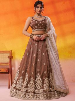 Panchhi - Tissue Embroidery Semi-Stitched Brown Lehenga with Unstitched Choli and Dupatta