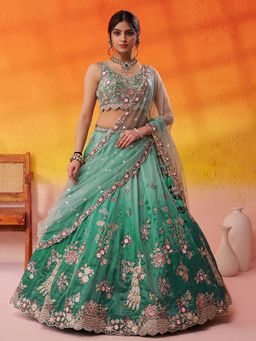 Panchhi - Tissue Embroidery Semi-Stitched Green Lehenga with Unstitched Choli and Dupatta