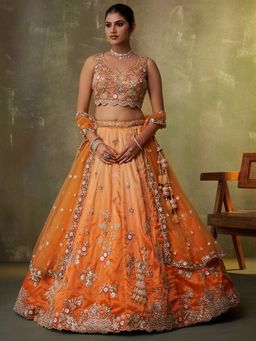 Panchhi - Tissue Embroidery Semi-Stitched Orange Lehenga with Unstitched Choli and Dupatta