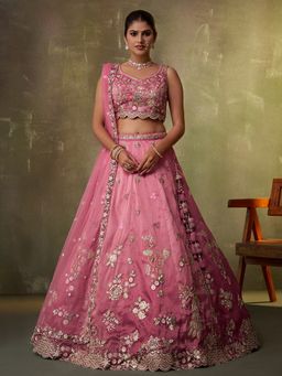 Panchhi - Tissue Embroidery Semi-Stitched Pink Lehenga with Unstitched Choli and Dupatta