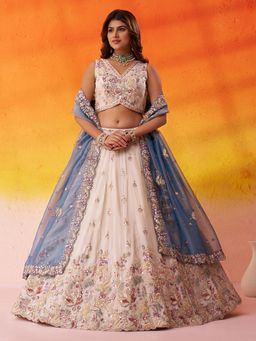 Panchhi - Tissue Embroidery Semi-Stitched Beige Lehenga with Unstitched Choli and Dupatta