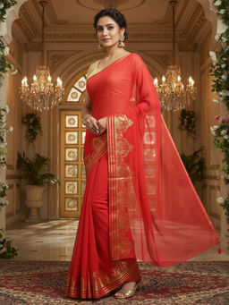 Akhilam - Women Chiffon Red Printed Saree with Unstitched Blouse