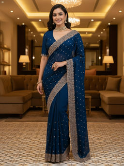 Akhilam - Women Silk Blend Blue Embroidered Saree with Unstitched Blouse