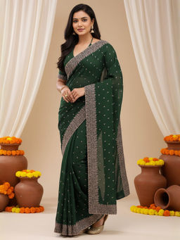 Akhilam - Women Silk Blend Green Embroidered Saree with Unstitched Blouse