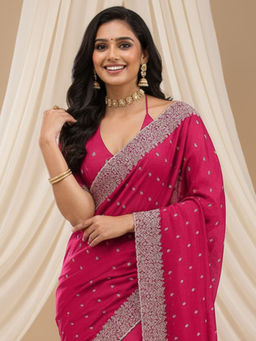 Akhilam - Women Pink Silk Blend Embroidered Saree with Unstitched Blouse