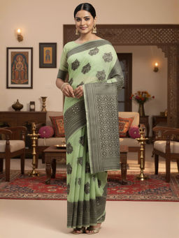Akhilam - Women Silk Blend Green Woven Saree with Unstitched Blouse