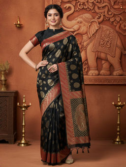 Akhilam - Women Silk Blend Woven Black Saree with Unstitched Blouse