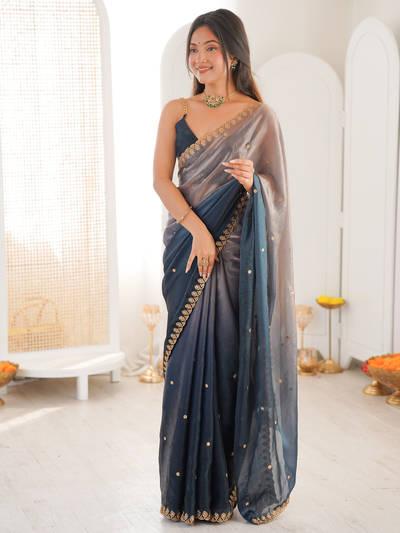Women Tissue Navy Blue Embroidered Saree with Unstitched Blouse