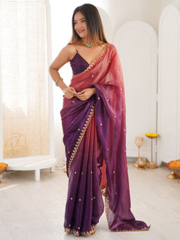 Akhilam - Women Tissue Mauve Embroidered Saree with Unstitched Blouse