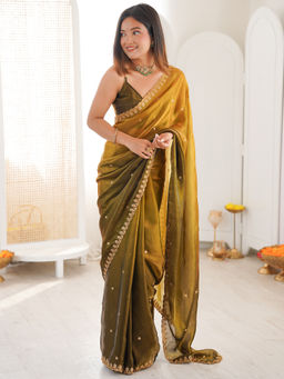 Akhilam - Women Tissue Olive Embroidered Saree with Unstitched Blouse