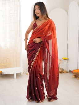 Akhilam - Women Tissue Orange Embroidered Saree with Unstitched Blouse