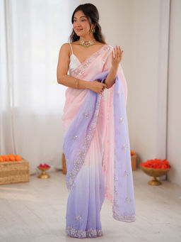 Akhilam - Women Chiffon Multi-Colour Embroidered Saree with Unstitched Blouse