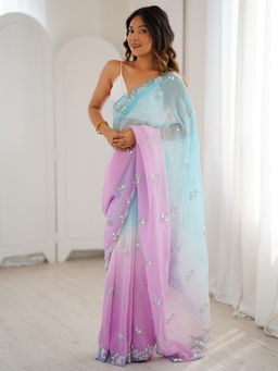 Akhilam - Women Blue Chiffon Embroidered Saree with Unstitched Blouse