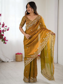 Sareemall - Women Chiffon Embellished Designer Gold Saree with Unstitched Blouse