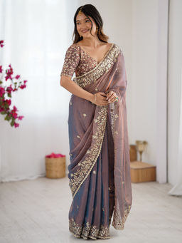Sareemall - Women Chiffon Embellished Designer Purple Saree with Unstitched Blouse