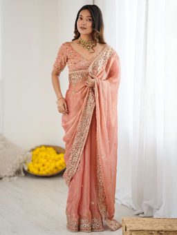 Sareemall - Women Chiffon Embellished Rose Gold Saree with Unstitched Blouse
