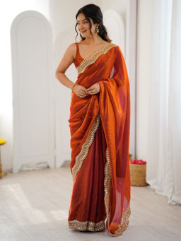 Akhilam - Women Satin Orange Embroidered Saree with Unstitched Blouse