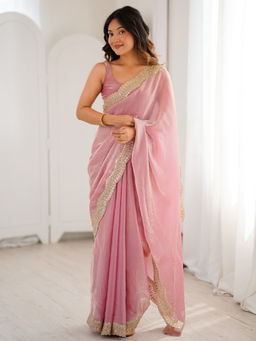 Akhilam - Satin Pink Embroidered Saree with Unstitched Blouse