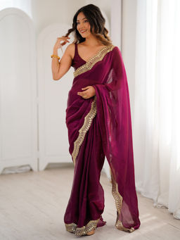 Akhilam - Women Satin Wine Embroidered Saree with Unstitched Blouse