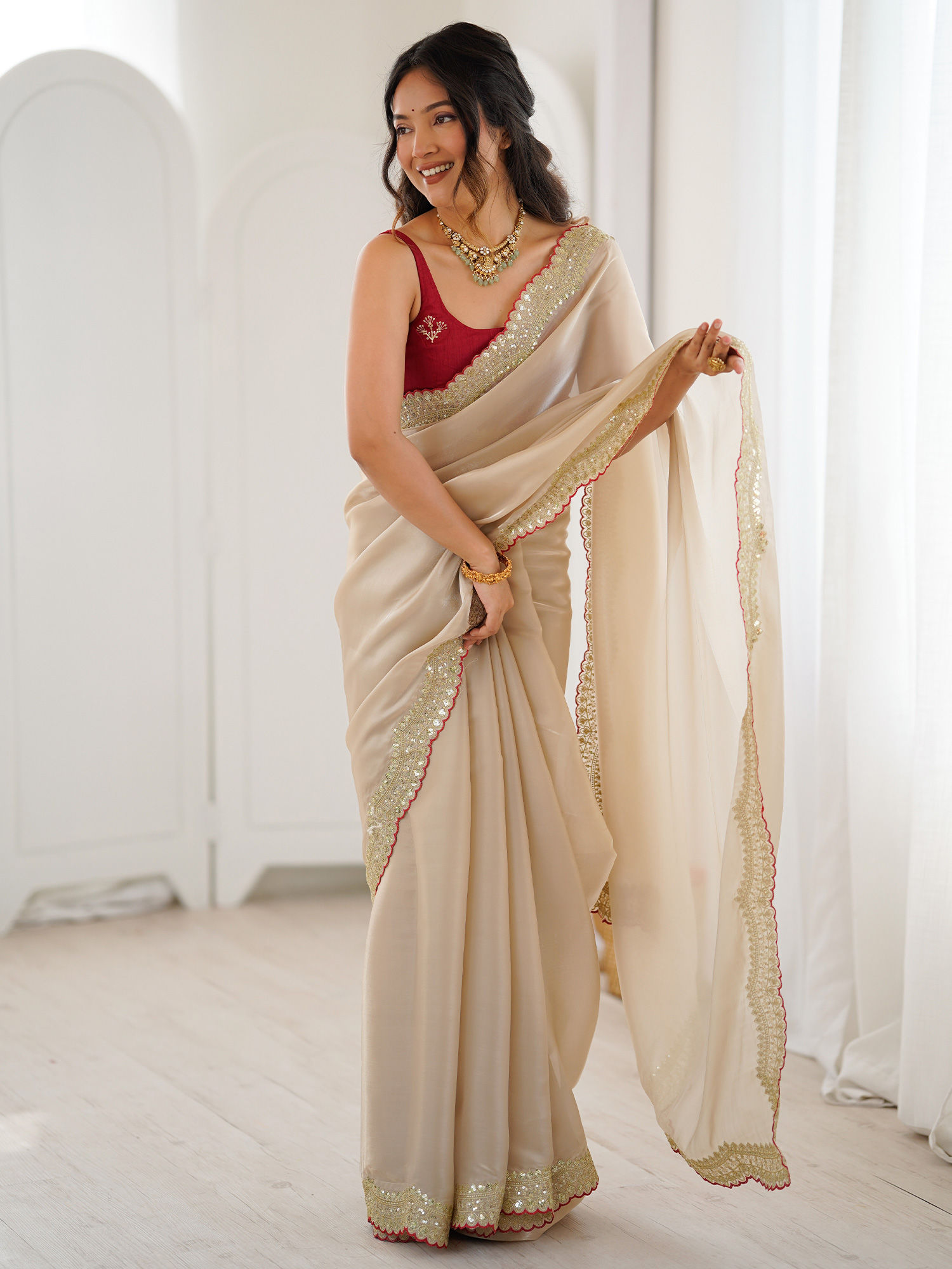 Women Satin Beige Embroidered Saree with Unstitched Blouse-image-45