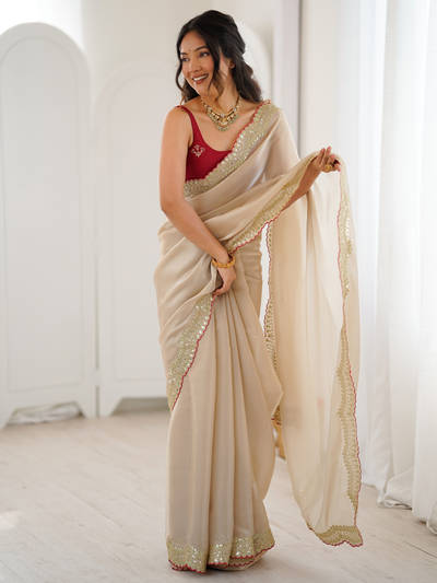 Women Satin Beige Embroidered Saree with Unstitched Blouse