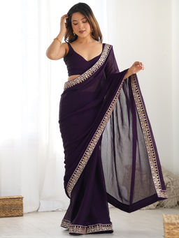 Akhilam - Satin Purple Embroidered Saree with Unstitched Blouse