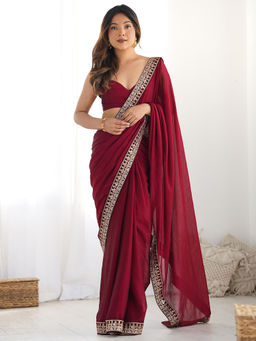 Akhilam - Women Satin Maroon Embroidered Saree with Unstitched Blouse