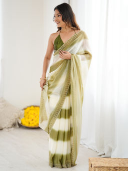 Akhilam - Women Satin Green Embroidered Saree with Unstitched Blouse