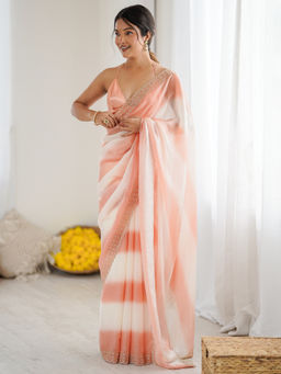 Akhilam - Women Satin Peach Embroidered Saree with Unstitched Blouse