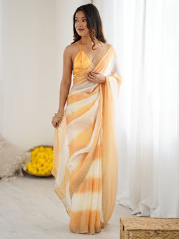 Akhilam - Women Satin Yellow Embroidered Saree with Unstitched Blouse