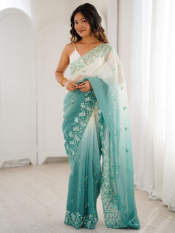 Akhilam - Women Chiffon Teal Embroidered Saree with Unstitched Blouse