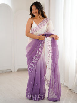 Akhilam - Women Chiffon Purple Embroidered Saree with Unstitched Blouse