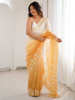 Akhilam - Women Chiffon Mustard Embroidered Saree with Unstitched Blouse