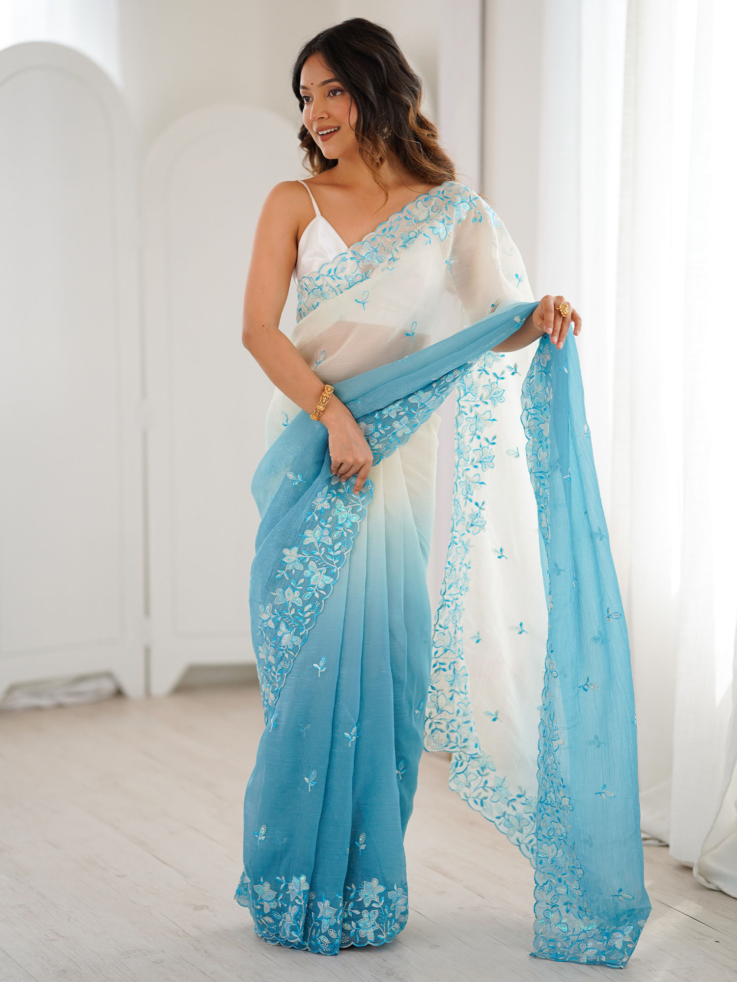 Women Chiffon Blue Embroidered Saree with Unstitched Blouse-image-5