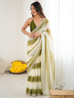 Akhilam - Women Satin Green Embroidered Saree with Unstitched Blouse