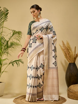 Akhilam - Women Beige Silk Blend Printed Saree with Unstitched Blouse