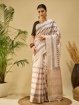 Akhilam - Women Silk Blend Printed Beige Saree with Unstitched Blouse