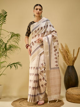 Akhilam - Women Beige Silk Blend Printed Saree with Unstitched Blouse