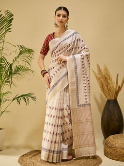 Akhilam - Women Silk Blend Beige Printed Saree with Unstitched Blouse