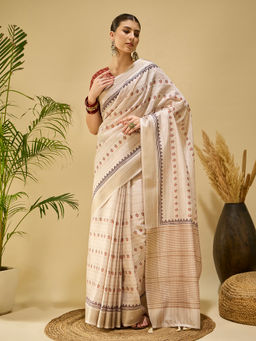 Akhilam - Silk Blend Beige Printed Saree with Unstitched Blouse