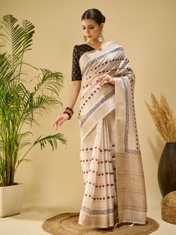 Akhilam - Silk Blend Printed Beige Saree with Unstitched Blouse
