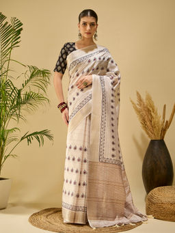 Akhilam - Women Silk Blend Beige Printed Saree with Unstitched Blouse