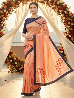 Akhilam - Women Silk Blend Peach Printed Saree with Unstitched Blouse