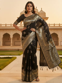 Sareemall - Women Soft Silk Woven Design Black Saree with Unstitched Blouse