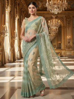 Akhilam - Women Net Green Embellished/Sequined Saree with Unstitched Blouse