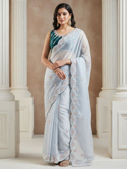 Akhilam - Women Georgette Blue Embroidered Saree with Unstitched Blouse