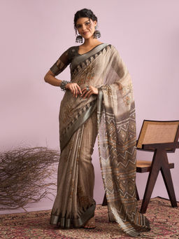 Akhilam - Women Linen Brown Printed Saree with Unstitched Blouse