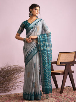 Akhilam - Women Linen Teal Printed Saree with Unstitched Blouse