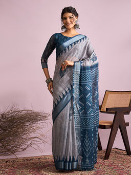Akhilam - Women Linen Grey Printed Saree with Unstitched Blouse
