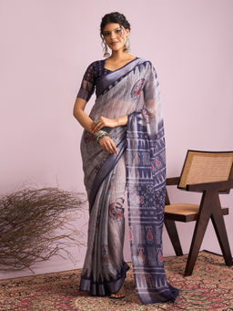 Akhilam - Women Linen Navy Blue Printed Saree with Unstitched Blouse